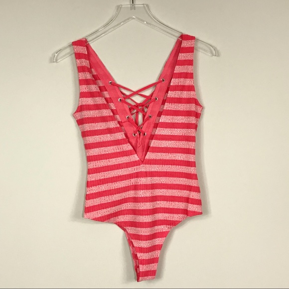 ESSUE Striped Front Lace Up Bodysuit Small - Picture 2 of 8